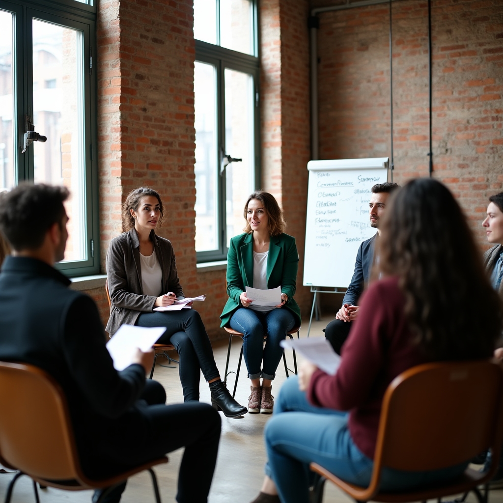 Skupina účastníků workshopu diskutuje nad ekonomickými daty u velkého stolu s poznámkami